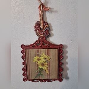 Vintage Red Framed Floral Trivet With Rooster